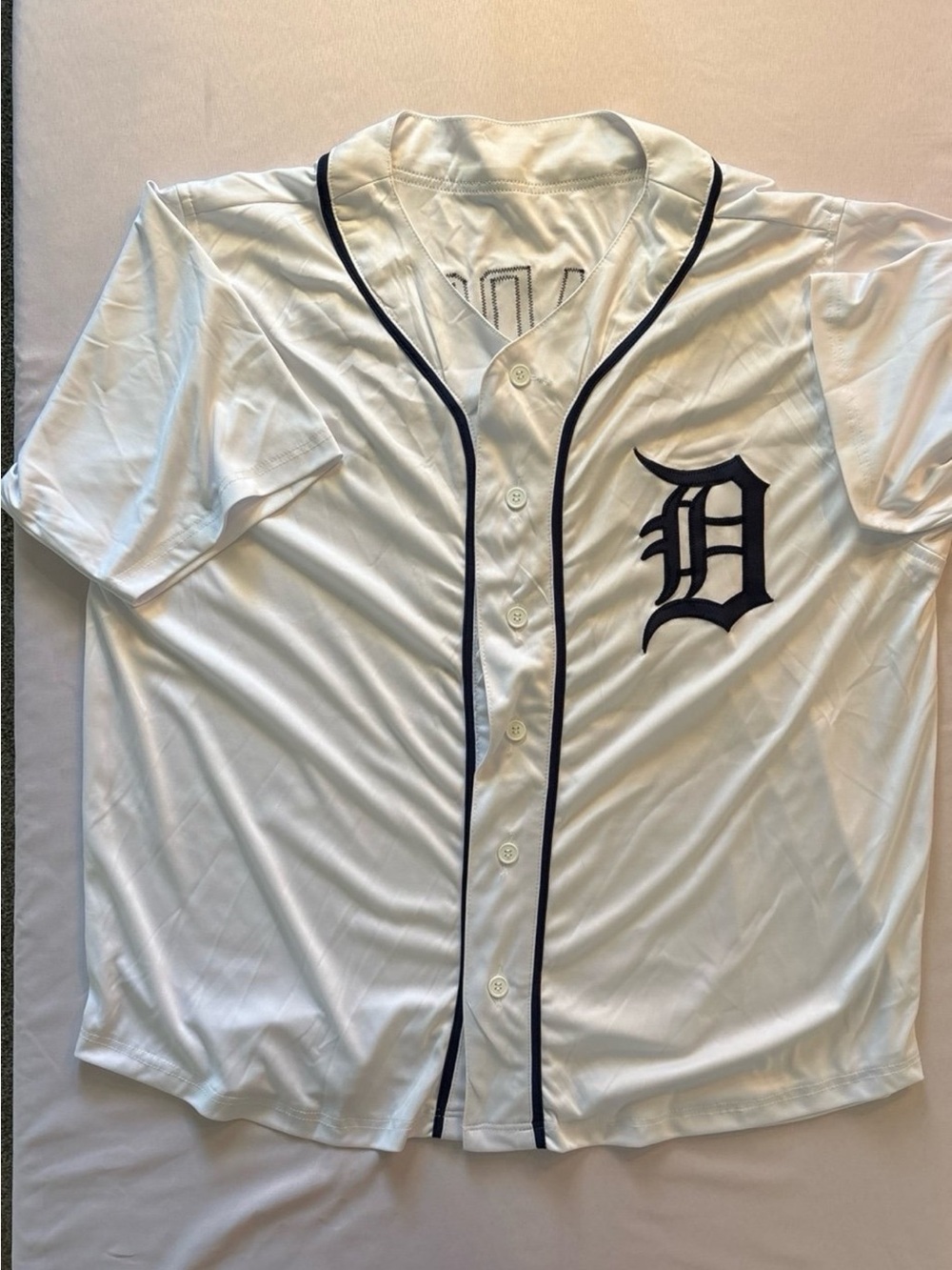 Majestic White Baseball Jersey with Navy Trim and D Patch